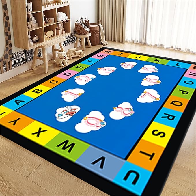 Kids Education Area Rug Funny Colorful English Letters and Cloud Math Print Carpet for Living Room Blue Black Non Slip Washable Floor Mat for Nursery Dorm Bathroom Home Office Classroom, 6x9ft