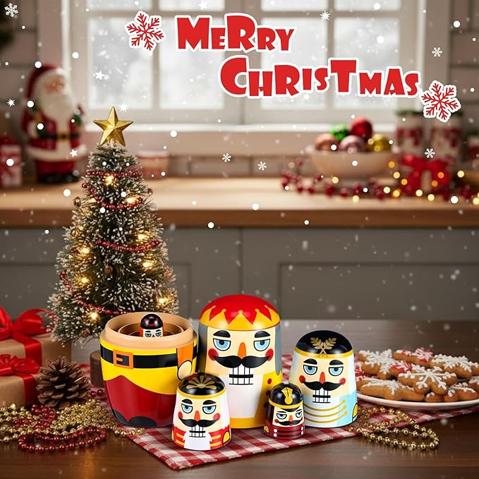 Gejoy Russian Nesting Dolls for Kids Handmade Matryoshka Wooden Stacking Toys Nesting Dolls Collectible Gifts for Winter Christmas Holiday Present Boys Girls Adults Home Decor(Nutcracker Soldiers)