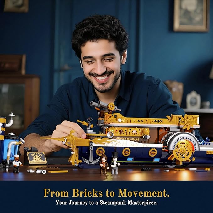Steampunk Steamship Lighting Building Bricks Set - Steamboat Model Pirate Ship Destroyer Playset Collection Display kit with Minifigures 1792 Pcs for Adults & Teens & Steampunk Lovers