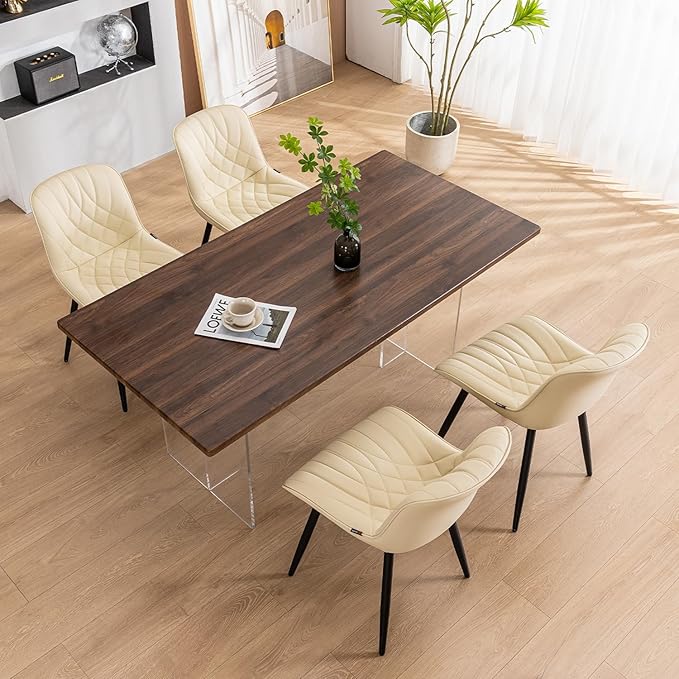 YOUNUOKE Dining Chairs Set of 2 Mid Century Modern Kitchen Chair Comfortable Upholstered Faux Leather Dinner Chairs for Kitchen Dining Room, Beige