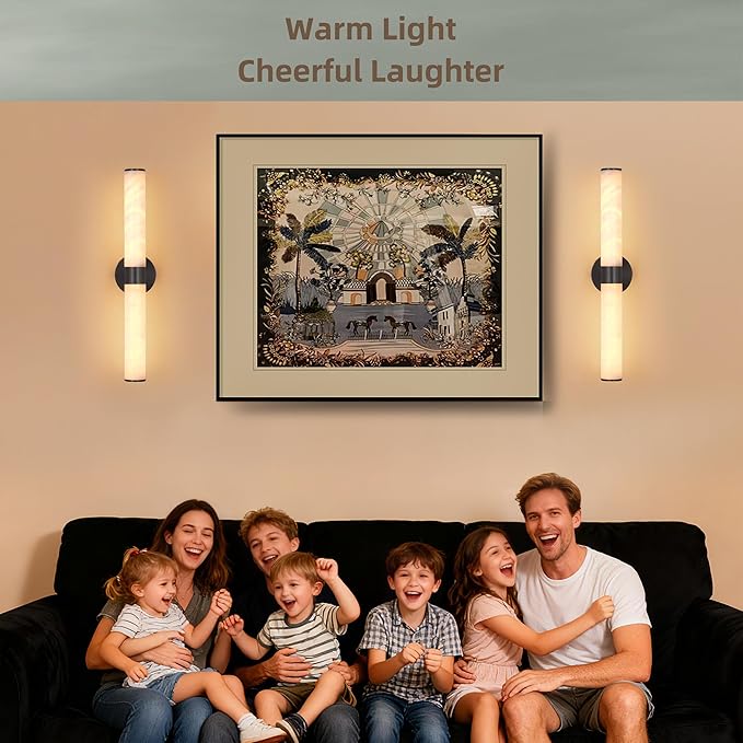 23.8in Alabaster Wall Sconce, Black Sconces with Spanish Marble, Modern Brass Wall Mounted Lamp, Hardwired LED Wall Lighting for Bathroom Bedroom Living Room Staircase Hallway Dining Room