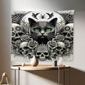 Ambesonne Gothic Tapestry, Classic Spooky Rose Ornated Skulls and Black Cat with Spider Print, Fabric Wall Hanging Decor for Bedroom Living Room Dorm, 28" X 23", Dark Grey Green and Eggshell