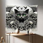 Ambesonne Gothic Tapestry, Classic Spooky Rose Ornated Skulls and Black Cat with Spider Print, Fabric Wall Hanging Decor for Bedroom Living Room Dorm, 28" X 23", Dark Grey Green and Eggshell
