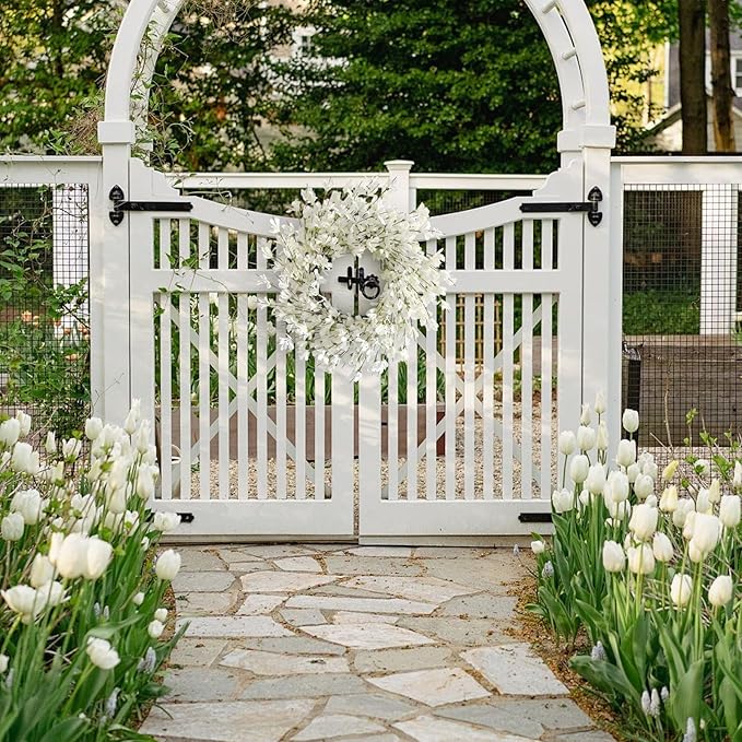 Spring Wreath for Front Door, 24 Inch White Cream Forsythia Spring Wreath Blossom Cluster Flower Farmhouse on Grapevine for Festival Celebration Front Door Wall Window Hanging Décor
