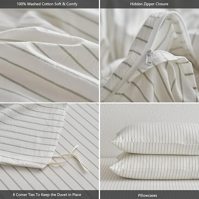 MooMee Striped Duvet Cover Set 100% Washed Cotton Linen Like Textured Breathable Durable Soft Comfy (White Sage Green Wide Stripes, Full 80"x90")