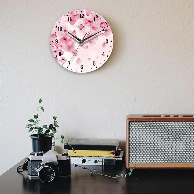SPUNKER Wall Clocks,Cherry Blossom Wall Clocks for Living Room Decor,Pink Sakura Flower Kitchen Clocks Wall Battery Operated - 10 Inch Round Bathroom Wall Clock Silent Non-Ticking
