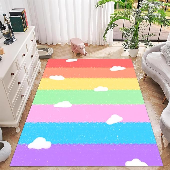 Soft Rainbow Area Rugs Girl's Bedroom Fluffy Colorful Rugs Cute Floor Mats Furry Children's Play Mats White Cloud Rainbow Prints Living Room Kids Room Nursery Home Decor 6x8ft