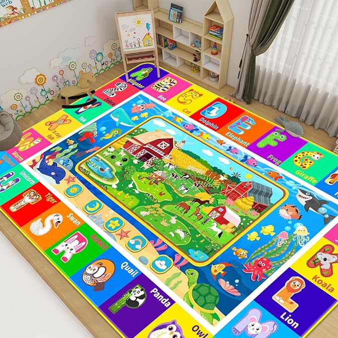 Kids Rug for Playroom, ABC Educational Rug with Farm Sea Animal Print, Floor Play Mat Carpet for Bedroom Nursery Preschool Classroom (59 X 39.4 INCH, Farm)