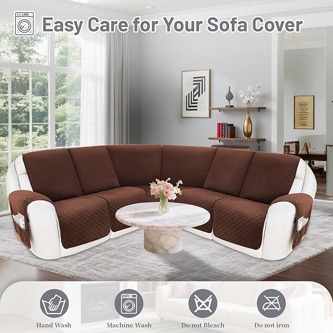 Reclining Sectional Couch Covers 100% Waterproof Recliner Cover Washable Velvet L Shape Recliner Sofa Cover for Dogs Pets Anti Slip Recliner Slipcovers with Pockets (5 Seat Sofa, Dark Coffee)