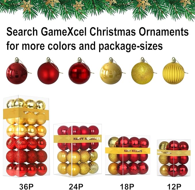 Red & Gold 1.6" Small Christmas Balls Christmas Tree Decoration Ornaments Shatterproof Hanging Balls for Birthday Halloween Holiday Wedding Decorations Set of 24pcs