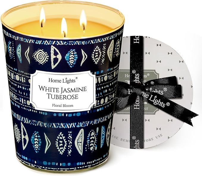 HomeLights Scented Candles | Large Jar 34 Oz Natural Soy Candle | 130 hrs Long-Lasting with 3 Wicks | Bohemian Natural for Home Decor | Gifts for Mom & Women, White Jasmine Tuberose