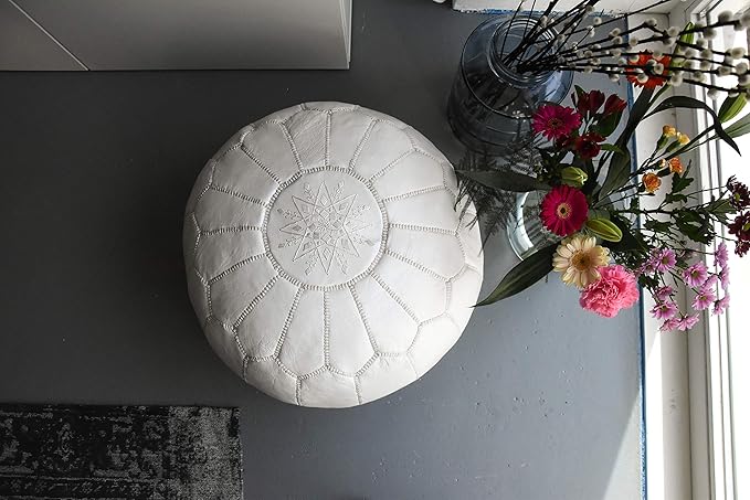Poufs&Pillows Premium Moroccan Leather Pouf - Handmade - Delivered Stuffed - Ottoman, Footstool, Floor Cushion (White)