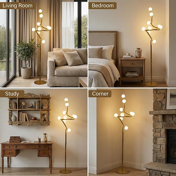 Tree Branch Floor Lamp for Living Room, 9-Light Gothic Moon Branch Floor Lamp, Wood Grain Resin & Metal Base for Farmhouse, Bedroom, Office,Halloween Decor(66")