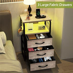 Bed Side Table with 3 Fabric Drawers, Night Stand with Charging Station, LED Nightstand with Hooks, Bedside Table End Tables with Storage, Night Tables for Living Room, Bedroom (Beige)