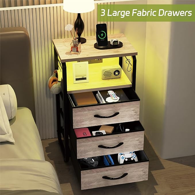 Bed Side Table with 3 Fabric Drawers, Night Stand with Charging Station, LED Nightstand with Hooks, Bedside Table End Tables with Storage, Night Tables for Living Room, Bedroom (Beige)