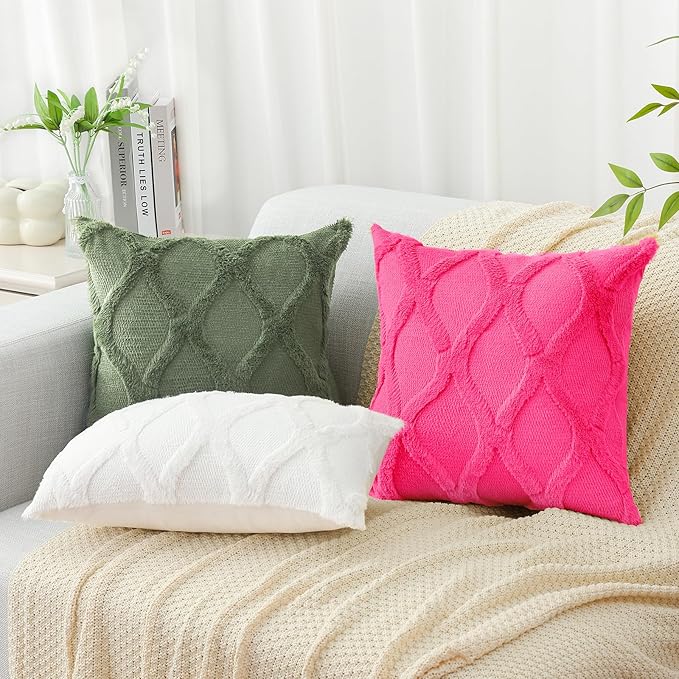 decorUhome Spring Euro Sham Throw Pillow Covers 26x26 Inch Set of 2, Soft Plush Faux Fur Wool Olive Green Couch Pillow Covers, Decorative Neutral Pillow Cases for Bed Sofa Living Room Home Decor