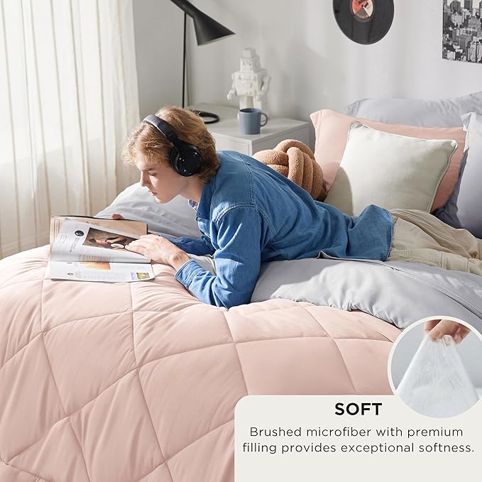 Bedsure Full Size Comforter Set - 7 Pieces Reversible Blush Pink Bedding, Full Size Bed Set for All Seasons, Bed in a Bag with Down Alternative Comforter, Sheets, Pillowcases & Shams