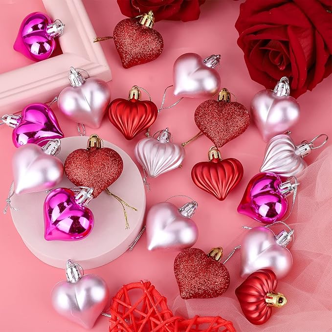 Elcoho 48 Heart Shaped Baubles Hanging Ornaments, Pink, Plastic, Valentine's Day, Christmas, New Year, Wedding, Anniversary