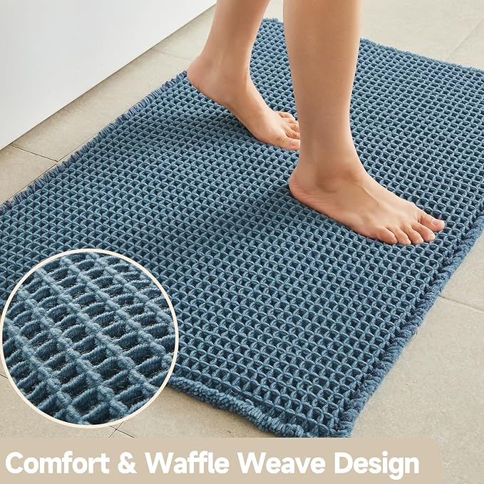 Waffle Runner Rug Bathroom, Long Boho Bathroom Rugs Non Slip Washable Super Absorbent Quick Dry Farmhouse Bath Decor, 72"x24" Denim Blue