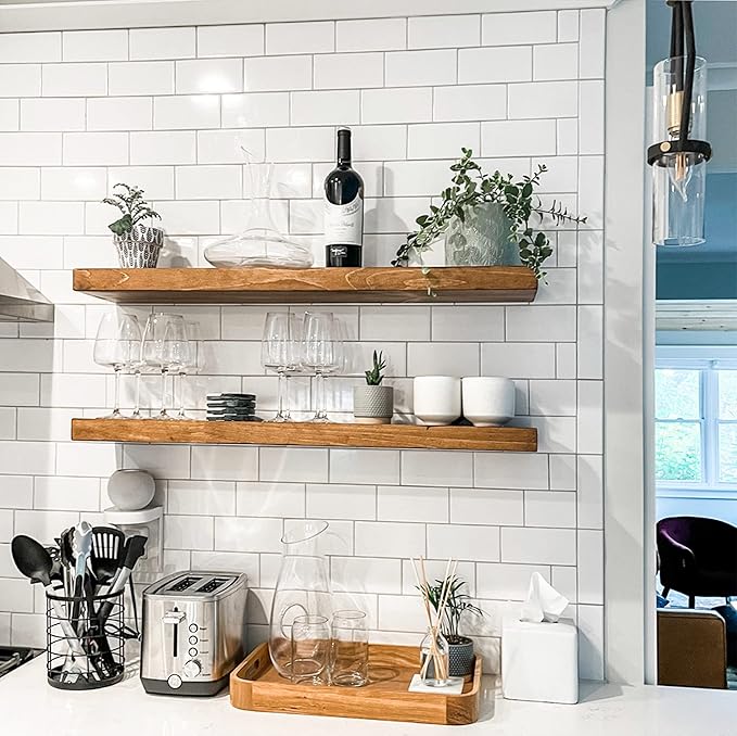 URBANDI, Rustic Floating Shelves, Set of 2, Hidden Bracket, Solid Wood, Heavy Duty, Wall Mounted Shelves, (Brown, 24Wx8D)