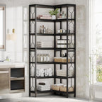 Tribesigns Corner Shelf, 7-Tier Industrial Corner Bookshelf, Wood and Metal Corner Etagere Bookcase, Freestanding Display Shelf for Living Room, Kitchen, Home Office, All Black