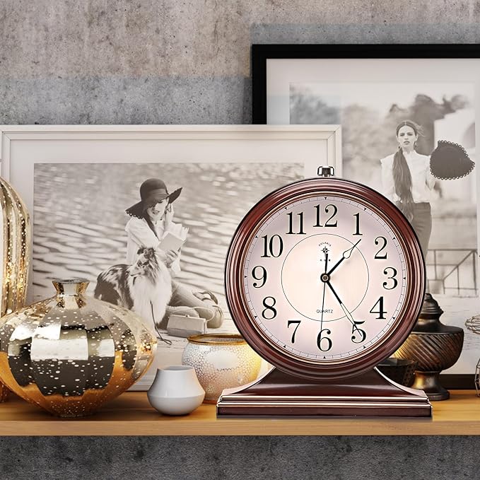 Retro Mantel Décor Desk Clock, 10-inch Vintage Table Clocks for Fireplace, Easy to Read Clocks for Living Room, Bedroom, Office, Desktop Decoration (Bright Brown)