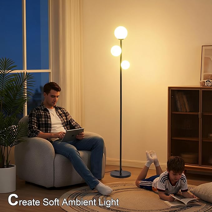 Fiqevs 3 Globe Mid Century Modern Floor Lamp, 3 x 800LM LED Bulbs Included, Matt Black Standing Lamp with Sphere Frosted Glass Shade, Vintage Retro Tall Pole Lamp for Living Room, Bedroom Office