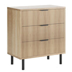 GarveeHome Oak Fluted 3 Drawers Dresser, Wide Wood Chest of Drawers, Modern Storage Dresser Chest of Drawers Organizer with Metal Legs and Anti-Tipping Device for Bedroom Living Room