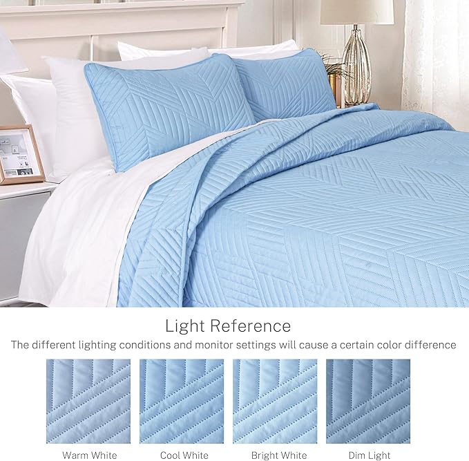 Exclusivo Mezcla Ultrasonic Full Queen Quilt Bedding Set, Lightweight Light Blue Bedspreads Soft Modern Geometric Coverlet Set for All Seasons (1 Quilt and 2 Pillow Shams)