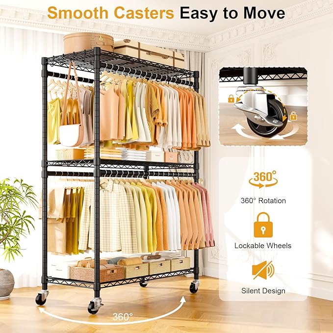P5 Plus Rolling Clothes Rack Heavy Duty, Clothing Racks for Hanging Clothes, Metal Garment Rack with Wheels, 3-Tier Portable Closet Rack 45'' W × 20.5'' D × 80.5'' H, Max Load 660 Lbs, Black