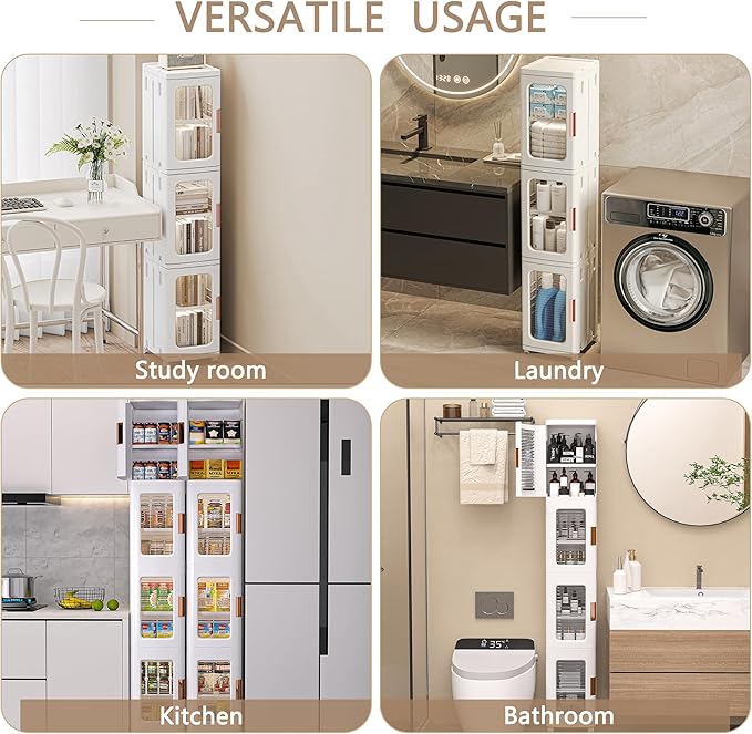 VECELO 4-Tier Tall Narrow Storage Cabinet with Movable Wheels, Adjustable Shelves, Anti-Tip, Slim, for Small Space, Bathroom, Kitchen, Laundry, White | 4-Tier, Movable Wheels, Adjustable Shelves, Magnetic Doors, Slim
