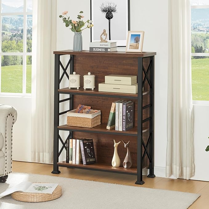 HOMBAZAAR 4-Tier Small Bookshelf, 35.4 Inch Short Book Shelf with Sturdy Metal Frame & Wood Shelves, Rustic Brown Industrial Bookcase for Living Room, Bedroom, Office