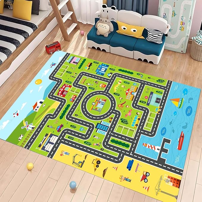 Kids Rug Playroom Car Rug Play Mat City Life Road Rugs Fun City Map Carpet for Bedroom(Green-Rug, 3.3x4.9ft)