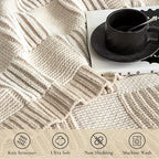 Amélie Home Checkered Knit Throw Blanket for Couch, Chenille Texture Decorative Soft Blanket for Sofa & Chair, 50"x60", Khaki & White