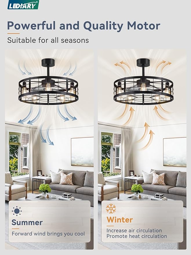 LEDIARY 26 inch Fandelier Caged Ceiling Fan with Light, Bladeless Ceiling Fan with Remote, Farmhouse Fan Lights Ceiling Fixtures for Kitchen, Bedroom, Outdoor(6 Speed, Timing)-Black