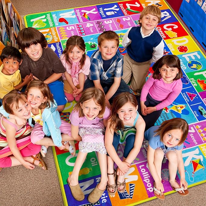 USA Map ABC Kid Rug for Playroom 110"×78.7"Geography Classroom Play Rug Educational Baby Playmat State Symbols, ABC Letters, Numbers, Seasons&Shapes Fluffy Ployester Non-Slip Preschool Nursery Rug