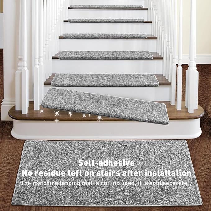 PURE ERA Bullnose Carpet Stair Treads Set Tape Free Non-Slip Indoor Stair Protectors Pet Friendly Rugs Covers Soft Skid Resistant Washable Reusable 9.5" x 30"(14 Pieces,Light Gray)