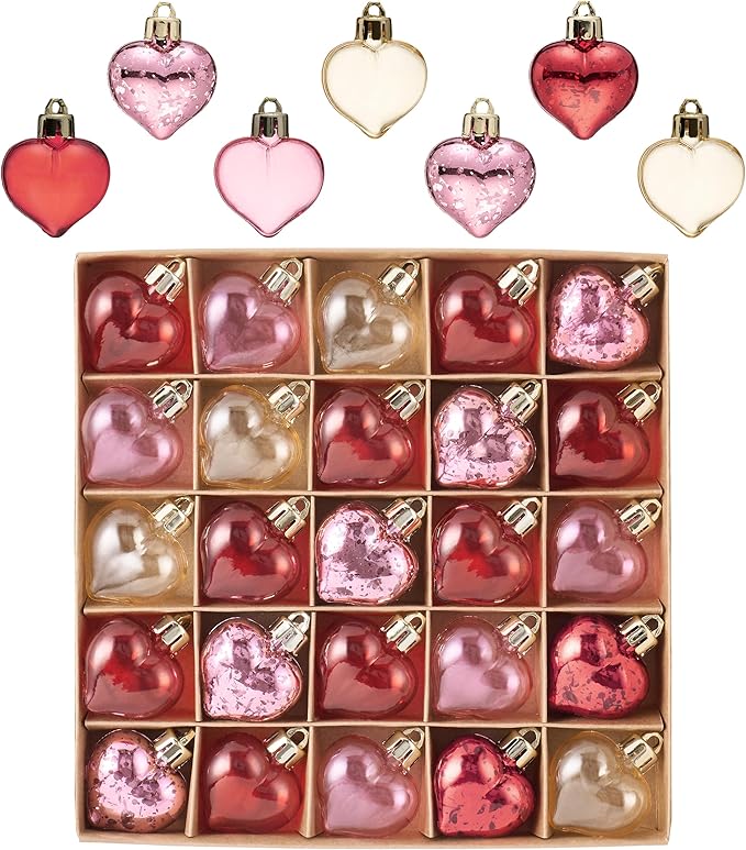 Valery Madelyn 25Pcs Valentine's Day Heart Shaped Ornaments Gift Pack, Christmas Craft Heart Decorations, Clear Transparent Red Pink Gold Christmas Baubles Hanging Party Wedding Decor