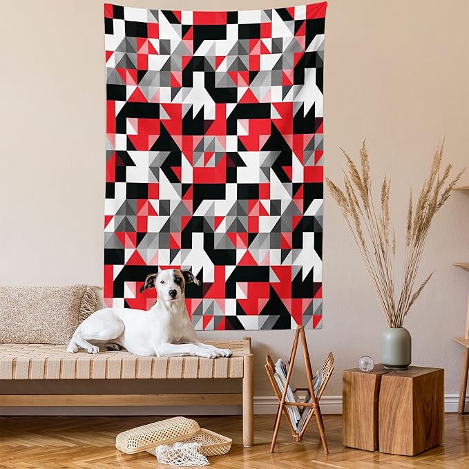 Ambesonne Abstract Tapestry Queen Size, Abstract Geometric Half Triangles Squares Maze Inspired Image, Wall Hanging Bedspread Bed Cover Wall Decor, 88" X 88", Charcoal Vermilion