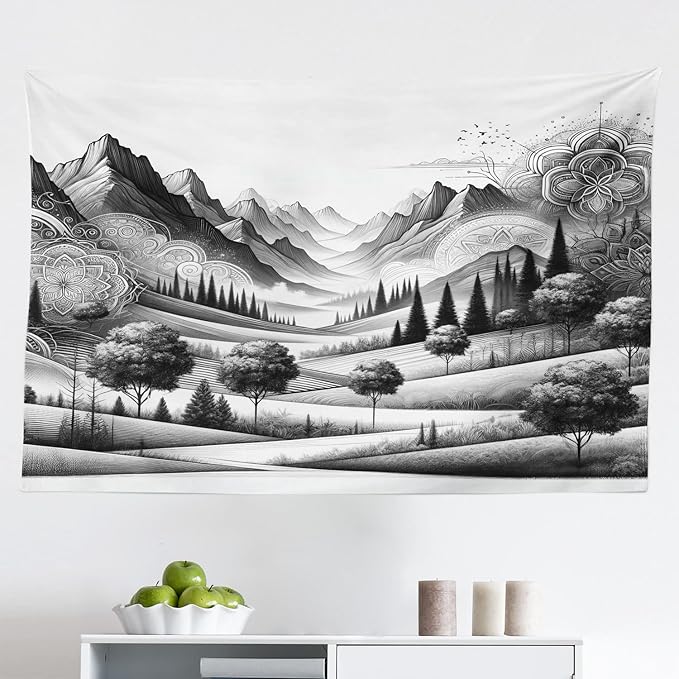 Ambesonne Mountain Tapestry, Monochrome Art Scenic Mounts with Wooded Lands Featuring Eastern Mandala, Fabric Wall Hanging Decor for Bedroom Living Room Dorm, 45" X 30", Pale Grey Dark Taupe