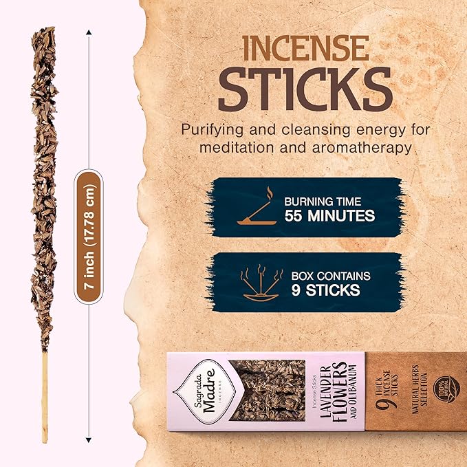 Sagrada Madre 9 pcs Wildly Harvested - Lavender Flowers and Olibanum Incense Sticks, 7" Long - Thick Aromatic Incense Sticks, 100% Natural