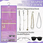 GMAK Hanging Jewelry Organizer with Hanger Metal Hooks, Double-Sided Jewelry Holder Accessories Organizer Storage Roll for Jewelry, Earrings, Bracelets, Necklaces, Rings - Light Purple