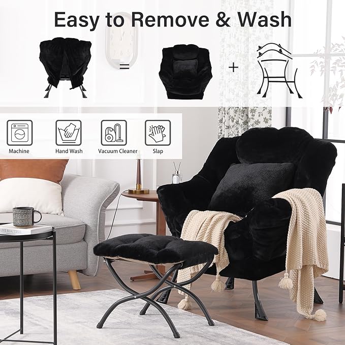 Lazy Chair with Ottoman, Large Black Lounge Accent Chair with Ottoman and FA Throw Pillow, Comfy Plush Reading Chair for Living Room Bedroom Dorm Room Office Apartment Relaxing Use