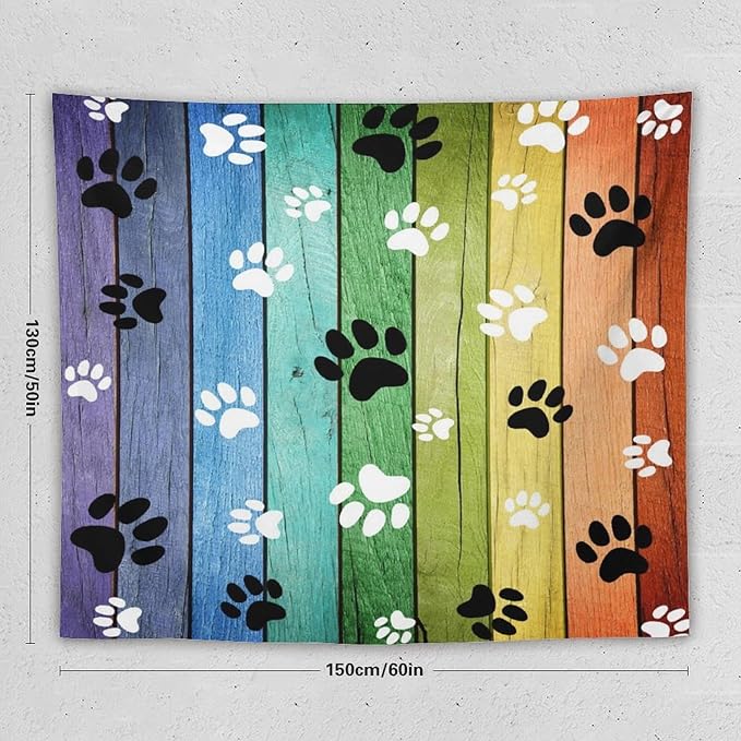 VUMIVI Dog Paw Tapestry Vintage Rustic Colorful Barn Boards Black White Animal Footprints Tapestry Wall Hanging for Living Room Bedroom Dorm Classroom Aesthetic Decor W60xL50in