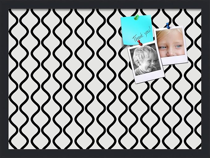 PinPix 22x16 Inch Cork Bulletin Board. This Decorative Framed Pin Board Comes with Black and White Waves Design and a Satin Black Frame. Ideal for Home Office Decor or Message Board (PinPix-194)