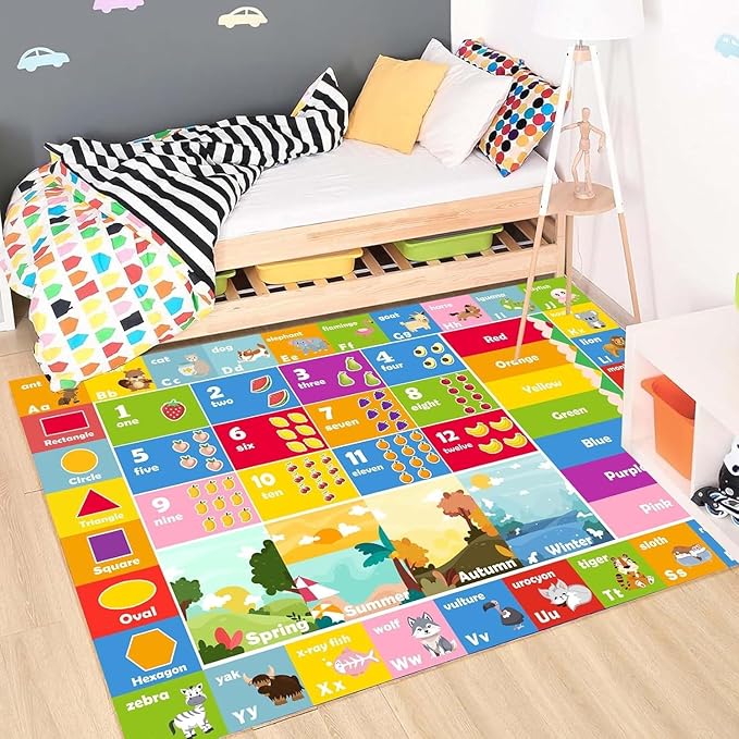 5'2" x 7'11" Kids Rug ABC Rug, Play Mat for Kids Playroom ABC Educational Area Rug for Playroom Classroom Elementary Preschool Rugs wtih Numbers Animals