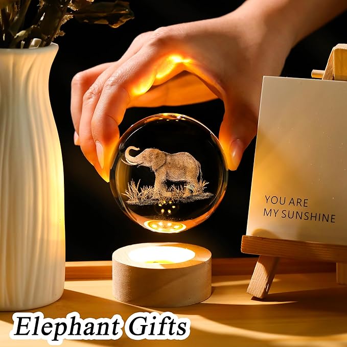 Elephants Gifts for Women Men 3D Elephant Crystal Ball with Wooden Light Base Glass Elephant Figurines Decor for Elephants Lovers on Christmas Valentine's Day Birthday (Diameter 2.36 inches)