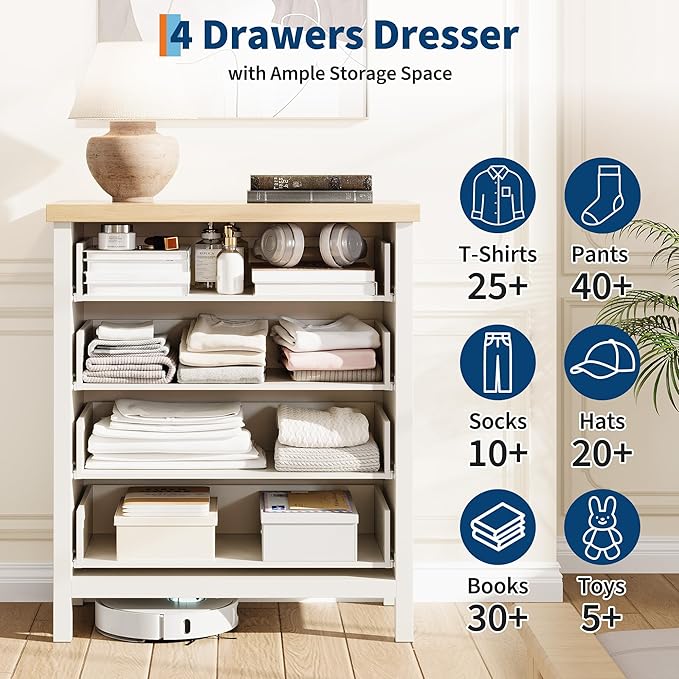 Garvee Fluted Dresser for Bedroom, Chest of Dressers 35.4 in Tall Dresser for Closet with 4 Fluted Dressers Chest with Clothes Storage Cabinet, Drawer Organizer for Bedroom, Living Room, Closet, White