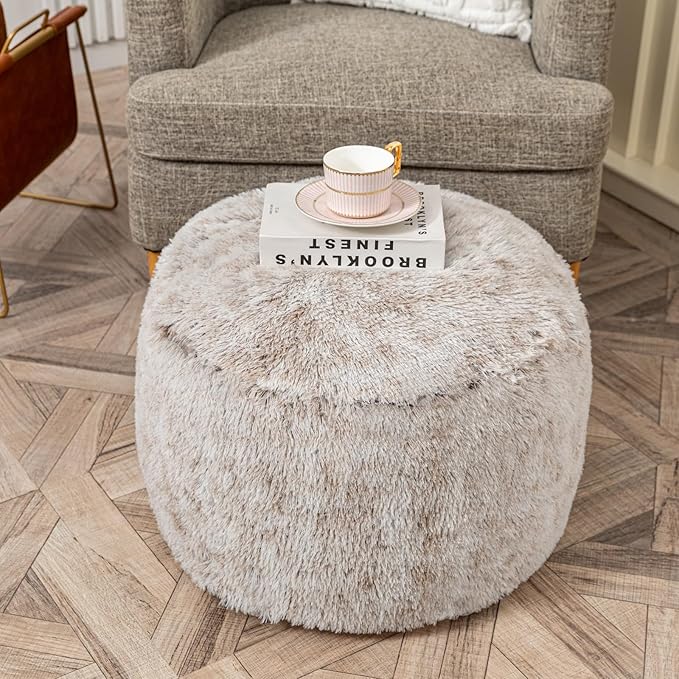 Stuffed Ottoman with Modern High Density Foam Faux Fur Pouf Stool Round Foot Stool Cushion Storage Ottoman 20 * 12''Floor Pouf Ottoman Foot Rest for Living Room (Snow Coffee)
