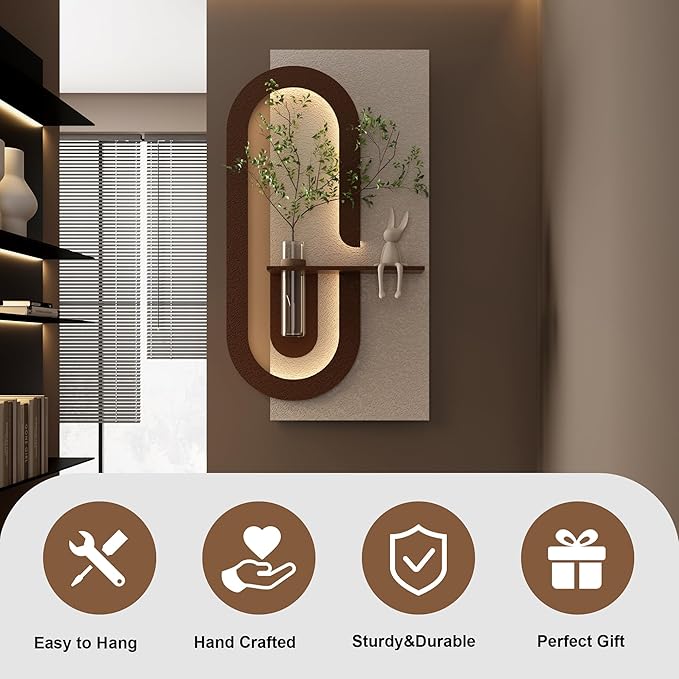 LED Sandstone Wall Decor, 3D Wall Art Sculpture, Simulated Green Plants, Glass Vase & Rabbit Statue, Remote Control 3 Color Light, for Living Room, Bedroom, Hallway(Light Coffee,47.2 * 23.6in)